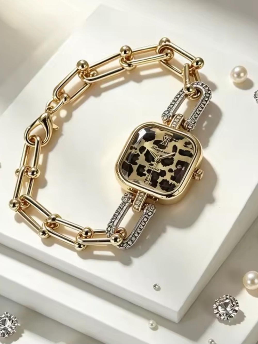 Nordstrom Gold-Tone Bracelet Watch with Leopard-Print Dial